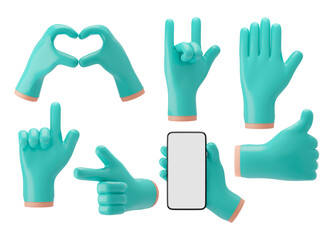 3D Doctor hand wearing blue-green rubber gloves show various gestures for presentations, advertisements. 3D illustration rendering.