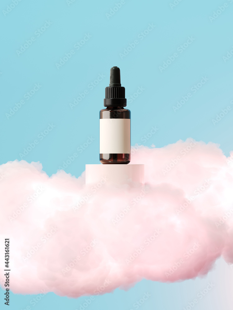 Poster minimal abstract background for product presentation. pink cloud and podium on blue sky. 3d render i