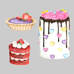watercolor illustration sweet desert. delicious pastries.Baking clipart.Hand draw yummy cupcake .Cute set