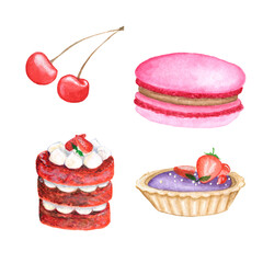 watercolor illustration sweet desert. delicious pastries.Baking clipart.Hand draw yummy cupcake .Cute set