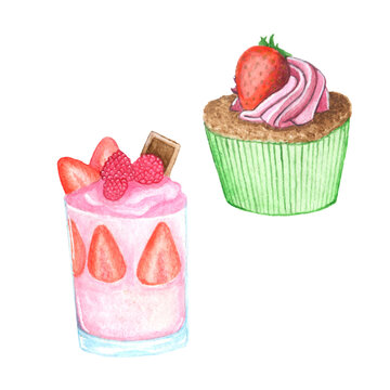 watercolor illustration sweet desert. delicious pastries.Baking clipart.Hand draw yummy cupcake .Cute set