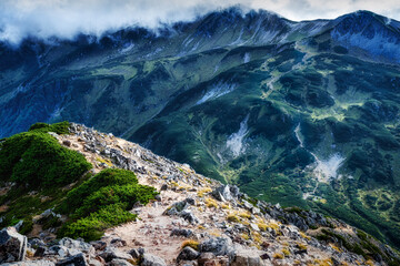 鷲羽岳から先の登山道を見下ろす