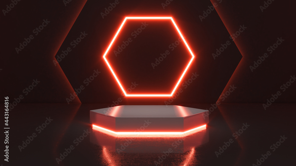 Wall mural mock up podium for product presentation,3d render,hexagonal mockup stand neon light background