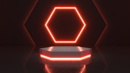 Mock up podium for product presentation,3D render,hexagonal mockup stand neon light background