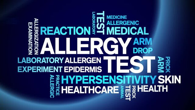Allergy Test Animated tag word cloud;text design animation kinetic typography seamless loop.