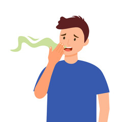 Man with bad breath in flat design on white background. Smelly mouth concept vector illustration.