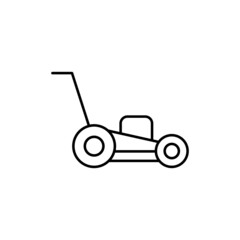 Lawn mower icon in flat black line style, isolated on white background 