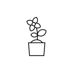 Flower pot plant icon in flat black line style, isolated on white background 