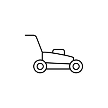 Lawn mower icon in flat black line style, isolated on white background 