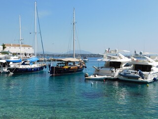 Yachts near the coast of the island of Spetses, in Greece