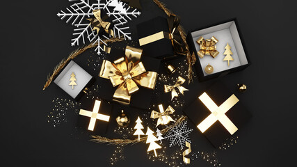 Golden gift box festival celebration,golden christmas gift box on a black background,3D render
