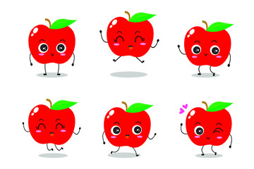 Set of lovely red apple character illustration. Adorable red apple character vector for mascot, logo, symbol on application, books, comic, art