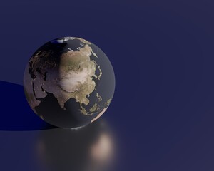 close up of 3d rendering world planet globe with realistic texture put on glossy floor with reflecttions and shadow. 3d illustrations