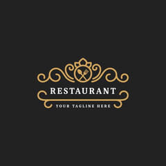 royal luxury restaurant or cafe logo template flourish ornament line, vintage retro icon symbol with spoon and fork element, suitable for food business