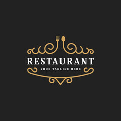 Fototapeta na wymiar royal luxury restaurant or cafe logo template flourish ornament line, vintage retro minimal icon symbol vector, suitable for food business