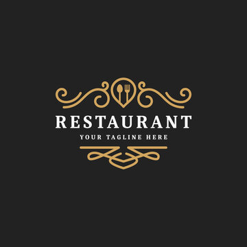 royal luxury restaurant or cafe logo template flourish ornament line, vintage retro bistro icon symbol, suitable for food business