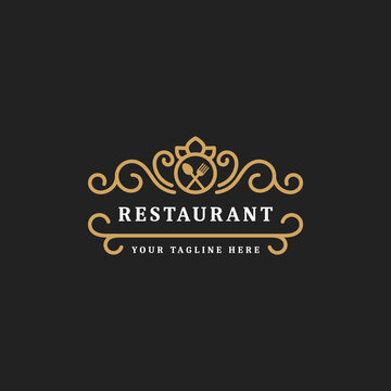 royal luxury restaurant or cafe logo template flourish ornament line, vintage retro icon symbol with spoon and fork element, suitable for food business
