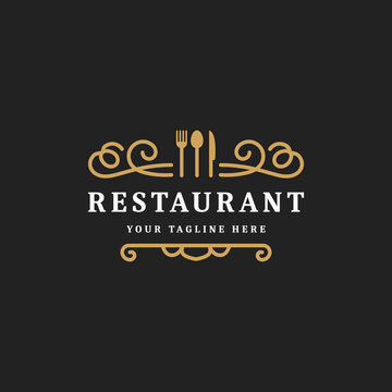royal luxury restaurant or cafe logo template flourish ornament line, spoon, fork, knife, vintage retro icon symbol, suitable for food business
