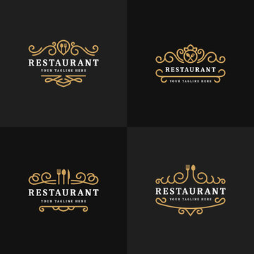 set of royal luxury restaurant or cafe logo template flourish ornament line collection, vintage retro bistro  icon symbol vector, suitable for, restaurant, eatery, cafe, spot, inn, cook shop, etc