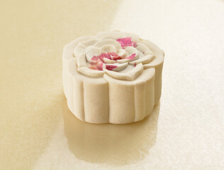 traditional healthy no oil baked lotus paste mooncake with egg yolk and sweet bean in white rose flower petal shape lantern mid autumn festival halal product menu