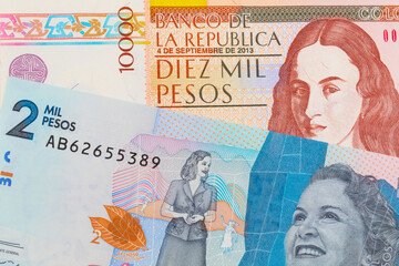 A macro image of a brown ten thousand bank note from Colombia paired up with a blue two thousand bank note from Colombia.  Shot close up in macro.