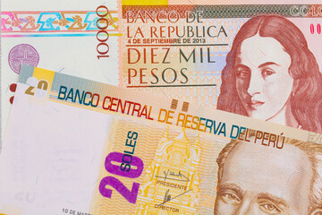 A macro image of a brown ten thousand bank note from Colombia paired up with a beige, twenty sol bill from Peru.  Shot close up in macro.