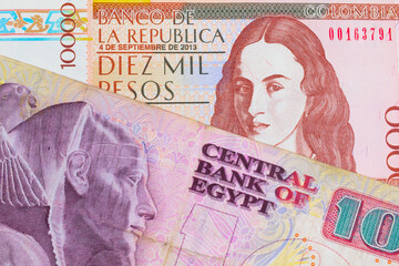 A macro image of a brown ten thousand bank note from Colombia paired up with a pink and purple ten pound bank note from Egypt.  Shot close up in macro.