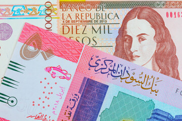 A macro image of a brown ten thousand bank note from Colombia paired up with a colorful fifty pound bank note from Sudan.  Shot close up in macro.