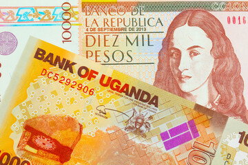 A macro image of a brown ten thousand bank note from Colombia paired up with a orange and white one...