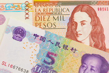A macro image of a brown ten thousand bank note from Colombia paired up with a purple, blue and white five yuan bank note from China.  Shot close up in macro.