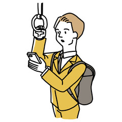 電車バスなどで通勤中スマホを触っている男性