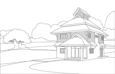 Vector wire frame perspective of tropical modern house exterior. Two story house .drawing line.Architecture vector illustration.