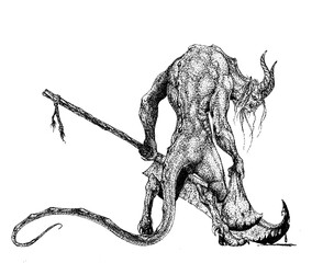 a horned demon stands half-turned with a sack and a huge rusty swor