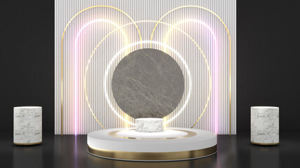 white circle stand on the white back flap neon light gold frame,mock up podium for product presentation,3D render