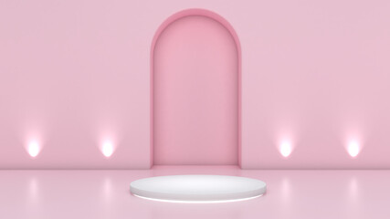 Obraz na płótnie Canvas White stand on curved wall light pink back,mock up podium for product presentation,3D render