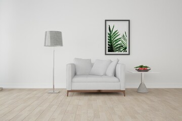 modern room with armchair, pillows,pictures,lamp and table with plant interior design. 3D illustration