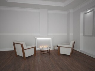 modern room with fireplace,armchairs,table with cups of tea interior design. 3D illustration