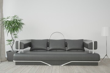 modern room with leather sofa,pillows,lamp and plant interior design. 3D illustration