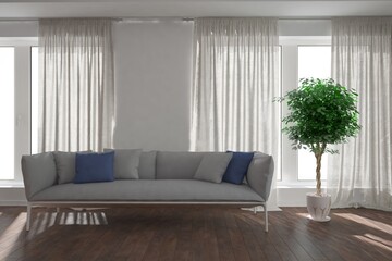 modern room with sofa,pillows,curtains and plant in white pot interior design. 3D illustration
