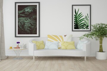 modern room with sofa,pillows,pictures,table,plant and curtains interior design. 3D illustration