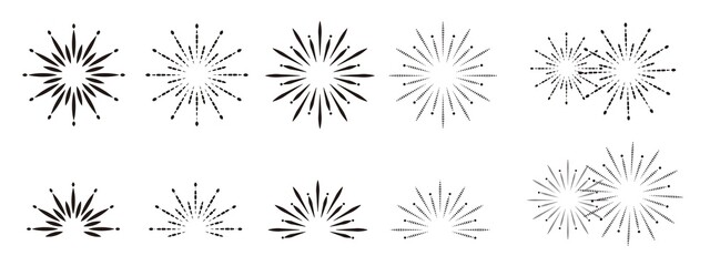 Set of light rays, fireworks, sunburst and rays of sun. Sunburst collection. Big set sunburst. Sun rays set. Burst symbol. Linear style.