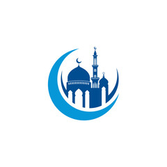 Mosque icon silhouette logo vector design isolated on crescent moon illustration