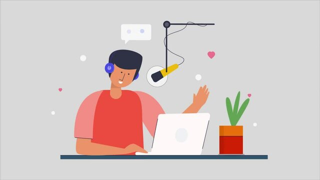 Live podcasting, radio broadcasting on air concept. Podcasting host talking on microphone, audio media discussion, internet laptop communication concept, 2d animation video clip cartoon style.