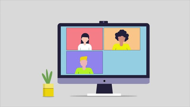 Video conference, virtual meetings, people on computer screen talking with co-workers, video call business meeting online, work from home concept, 2d animation cartoon style video clip.