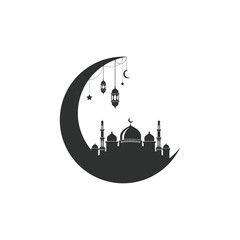 Mosque icon silhouette logo vector illustration design template isolated on crescent moon and lantern design.