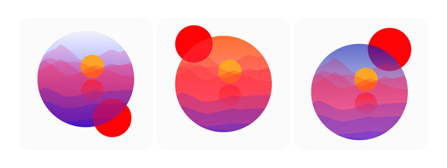 Set of sunset landscapes in abstract geometric style, minimal trendy colorful posters.