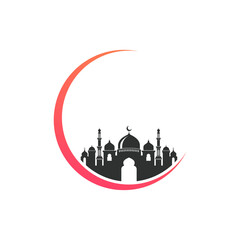 Mosque icon silhouette logo vector design isolated on crescent moon illustration