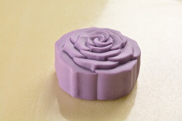 traditional healthy no oil baked yam taro lotus paste mooncake with sweet bean and mochi in purple rose flower shape lantern mid autumn festival halal product menu
