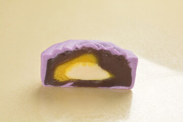 traditional healthy no oil baked yam taro lotus paste mooncake with sweet bean and mochi in purple rose flower shape lantern mid autumn festival halal product menu