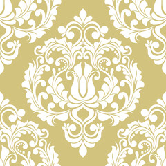 Damask seamless vector background. Wallpaper in the baroque style template. Beige and white floral element. Graphic ornate pattern for wallpaper, fabric, packaging, wrapping. Damask flower ornament.